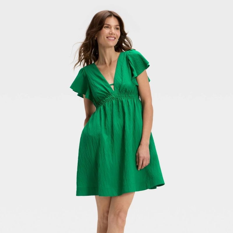 Photo 1 of (Size XS) Women's Short Flutter Sleeve Mini a-Line Dress - a New Day™ Dark Green XS