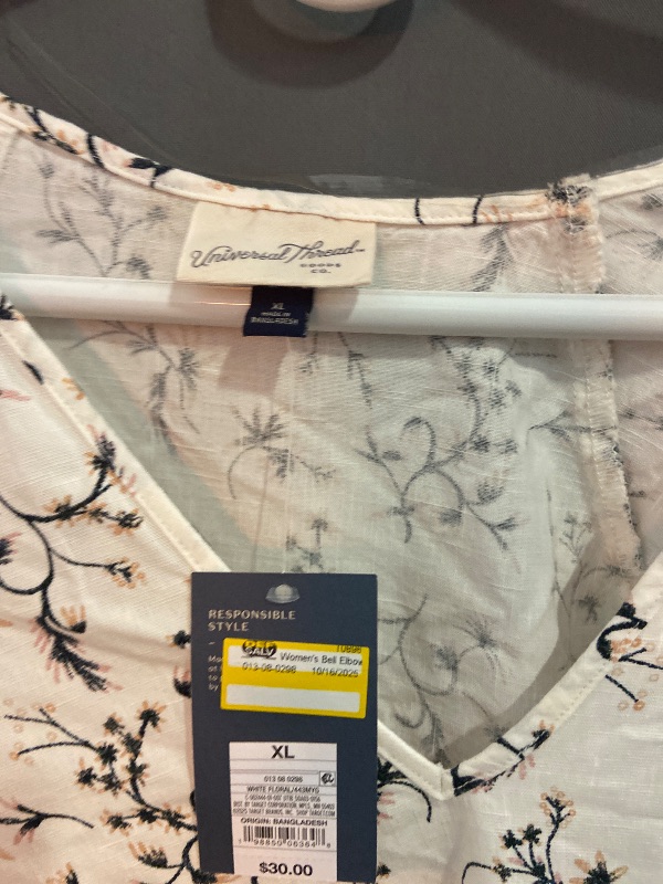 Photo 1 of (Size XL) Women's Bell Elbow Sleeve Mini a-Line Dress - Universal Thread™ White Floral XL: Cotton Rayon Blend, V Neck, Side Pocket