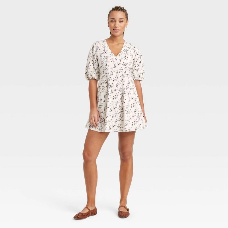 Photo 1 of (Size XL) Women's Bell Elbow Sleeve Mini a-Line Dress - Universal Thread™ White Floral XL: Cotton Rayon Blend, V Neck, Side Pocket