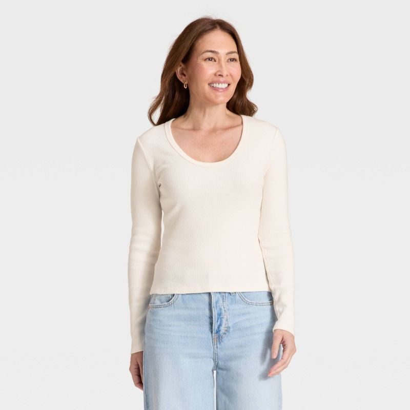 Photo 1 of (Size L) Women's Slim Fit Long Sleeve Scoop Neck Ribbed T-Shirt - Universal Thread™ Cream L
