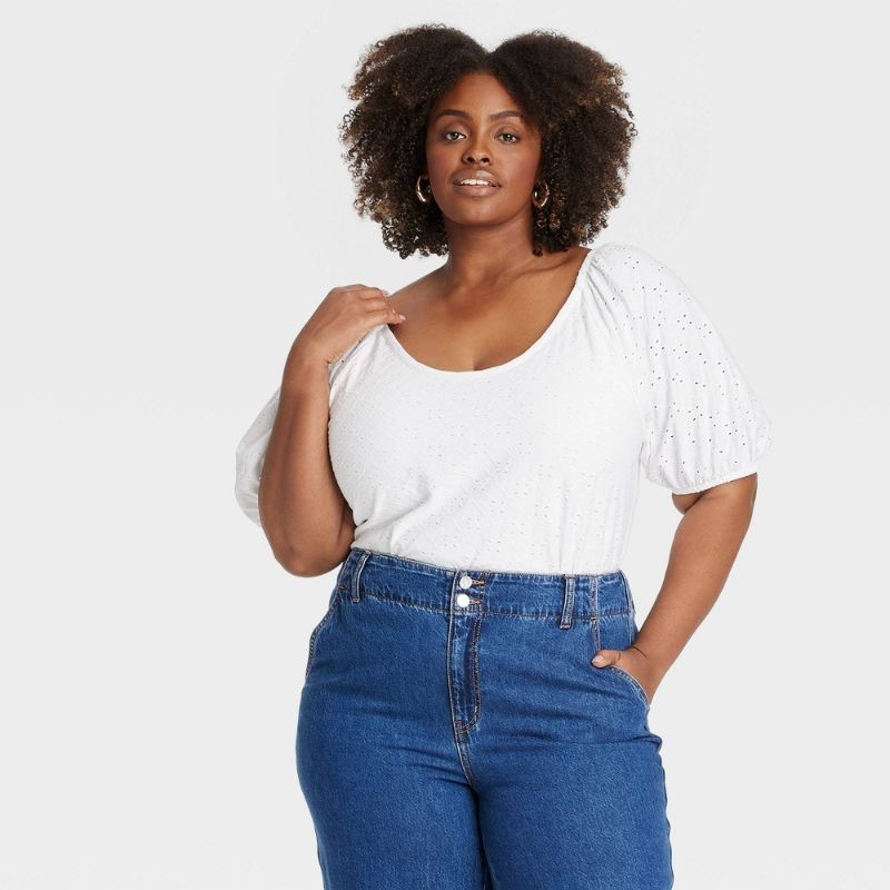 Photo 1 of Size 2X Women's Puff Short Sleeve Eyelet Peasant Top - Ava & Viv™ White 2X: Cotton Blend, Slim Fit, Scoopneck, Pullover Style