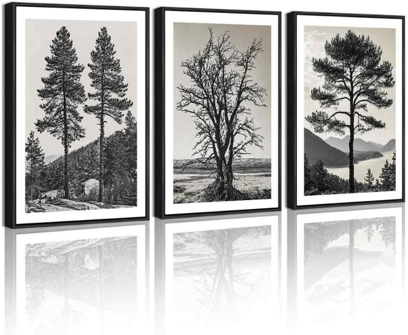 Photo 1 of KUVIOKE Vintage Tree Framed Wall Art Black and White Retro Antique Forest Drawings Nature Wilderness Sketch Wall Painting Modern Decor 12x16in (Black Framed)