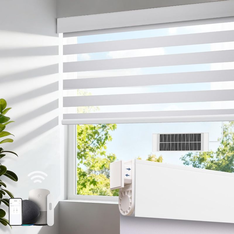 Photo 1 of Motorized Zebra Blinds with Remote, No Drill Cordless Roller Shades, Equipped with Solar Panels, 50%-75% Blackout, Compatible with Alexa, Google, Electric Blinds for White 34" W x 72" H