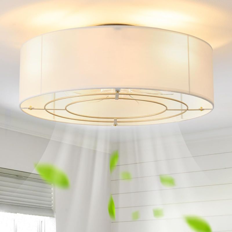 Photo 1 of Low Profile Ceiling Fans with Lights, 20" Boho Rattan Ceiling Fan with Light Flush Mount and Remote Control, Drum Caged with 6 Speeds for Bedroom, Nursery, Living Room