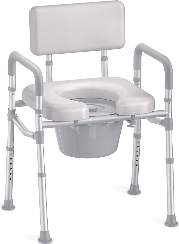 Photo 1 of HOMLAND Bedside Commode with Padded Seat and Backrest, Aluminum Commode Toilet with Bucket, Easy Cleaning Portable Toilet for Adults and Seniors, 350 lb Capacity Enhanced Crossbar