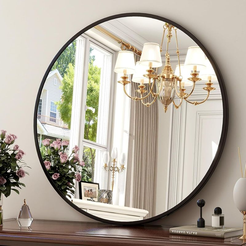 Photo 1 of 24 Inch Round Mirror - Circle Mirrors for Bathroom, Entryway and Living Room Wall Decor, Modern Hanging Vanity Mirror, Matte Black Circle Decorative Wall Mirror
