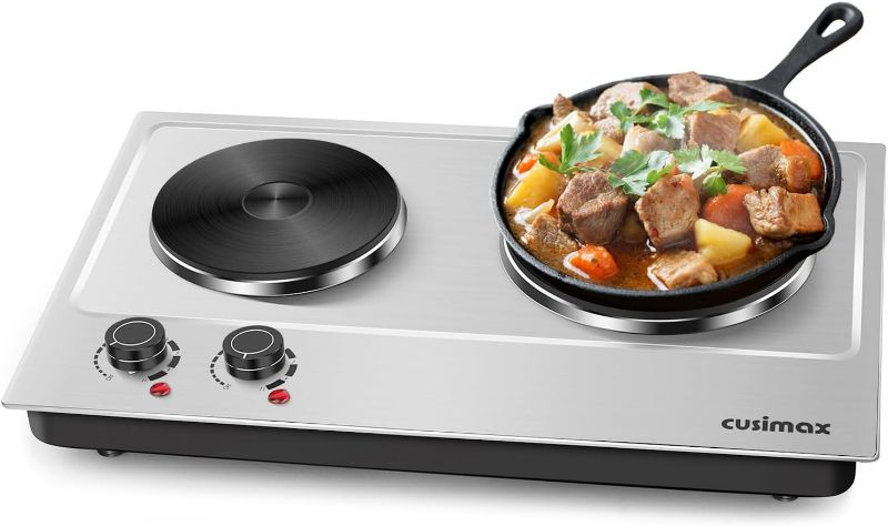 Photo 1 of Hot Plate,Cusimax Double Burner 1800W Cast Iron Heating Plate,Electric Stove with Adjustable Temperature Control,Stainless Steel,Suitable for Various Scenarios Upgraded Version