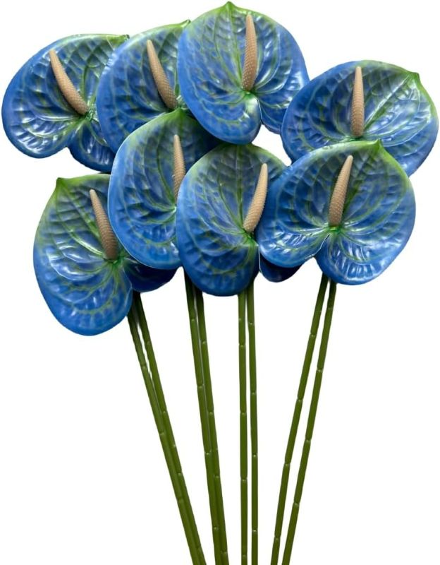 Photo 1 of Corkwaw 8 Pcs 23-5/8 inch Artificial Anthurium Flowers Real Touch Fake Flower for Table Centerpieces Arrangement and Bridal Wedding Festival Decor Flower Arrangement (Blue)