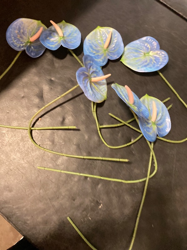 Photo 1 of Corkwaw 8 Pcs 23-5/8 inch Artificial Anthurium Flowers Real Touch Fake Flower for Table Centerpieces Arrangement and Bridal Wedding Festival Decor Flower Arrangement (Blue)