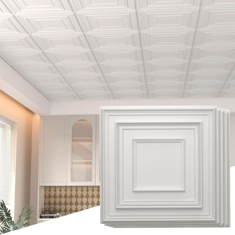 Photo 1 of 24 pcs 2ft x 2ft Drop Ceiling Tiles, PVC Ceiling Panel White, Waterproof, Washable and Fire-Rated - Reusable - High-Grade PVC to Prevent Breakage (96 sq. ft./Box)