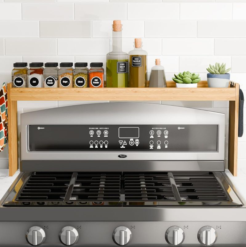 Photo 1 of Edgecrest Bamboo Over The Stove or Sink Modern Spice Shelf, No Annoying Middle Screw, 31.5” Wide Storage, 11.4” High Countertop Shelf, 6 Side Hooks, Easy to Assemble, Eco-Friendly Durable Material