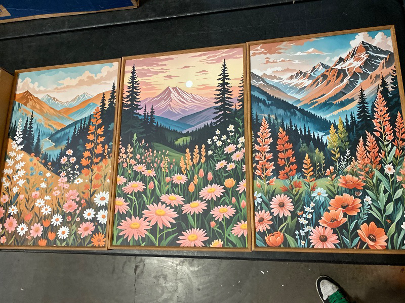 Photo 1 of HPINUB Mountain Sunset Floral Framed Canvas Wall Art Set,Colorful Wildflower Daisy Flower Wall Decor,Boho Blossom Botanical Artwork Modern Nature Landscape Art Print for Living Room,Bedroom-16 x24 x3