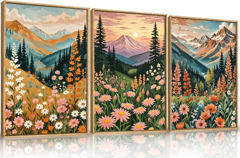 Photo 1 of HPINUB Mountain Sunset Floral Framed Canvas Wall Art Set,Colorful Wildflower Daisy Flower Wall Decor,Boho Blossom Botanical Artwork Modern Nature Landscape Art Print for Living Room,Bedroom-16 x24 x3