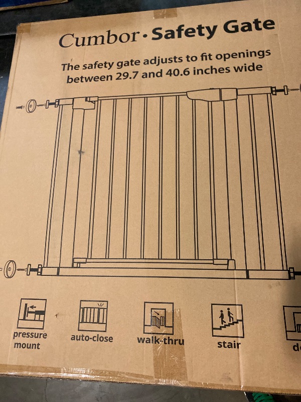Photo 1 of Cumbor 29.7-40.6" Baby Gate for Stairs, Baby Essential Safety Gate, Mom's Choice Awards Winner-Dog Gate for Doorways, Pressure Mounted Auto-Close Pet Gates for Dogs Indoor, Durable Child Gate, Black