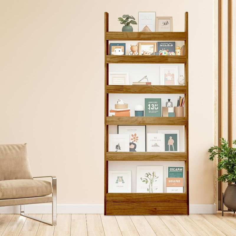 Photo 1 of Behind Door Bookshelf Organizer - Natural Wood Wall Shelf 6-Tier Space-Saving Storage for Kids & Adults (Dark Walnut)