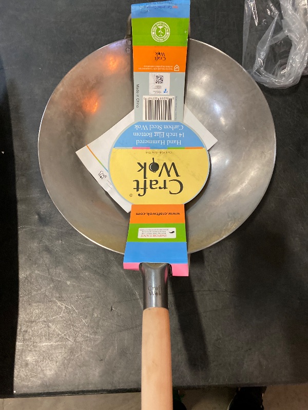 Photo 1 of Craft Wok Flat Hand Hammered Carbon Steel Pow Wok with Wooden and Steel Helper Handle (14 Inch, Flat Bottom) / 731W316