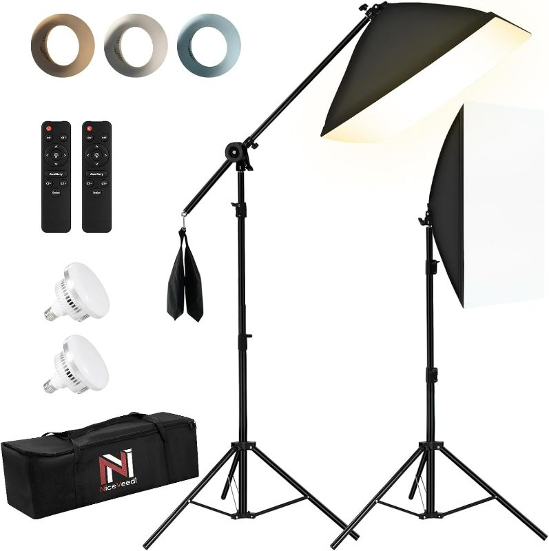 Photo 1 of NiceVeedi 85W Photography Lighting, 2-Pack 20'' x 28'' Professional Softbox Lighting Kit with 42'' Boom Arm & 80'' Tripod Stand, Remote Control, Studio Lights for Live Streaming/Portrait/Photography