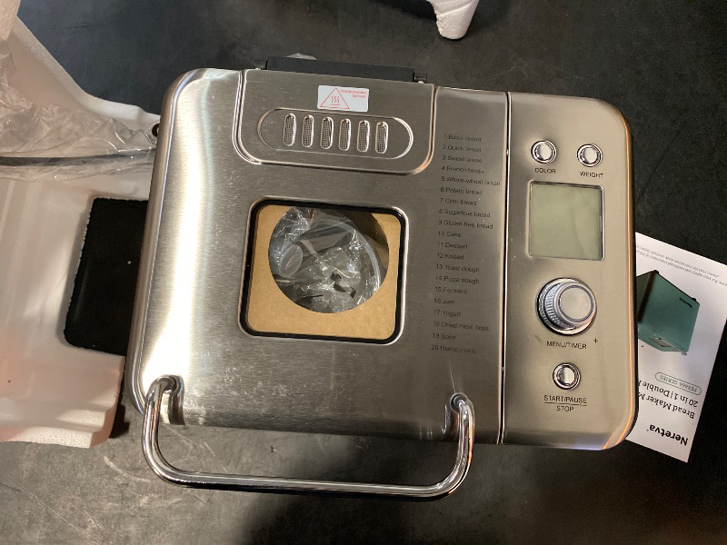 Photo 1 of Neretva Bread Maker, 20-IN-1 2LB Bread Machine Dual Heater Bread Maker Machine Automatic with Nonstick Ceramic Pan, 15H Timer & 1H Keep Warm Set, Low Noise, Stainless Steel Breadmaker Recipe-Silver