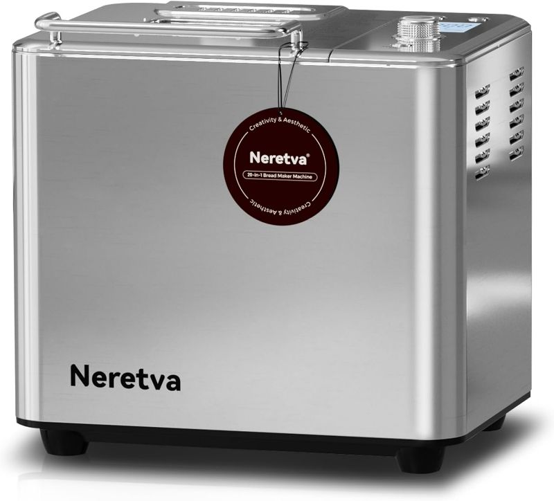 Photo 1 of Neretva Bread Maker, 20-IN-1 2LB Bread Machine Dual Heater Bread Maker Machine Automatic with Nonstick Ceramic Pan, 15H Timer & 1H Keep Warm Set, Low Noise, Stainless Steel Breadmaker Recipe-Silver