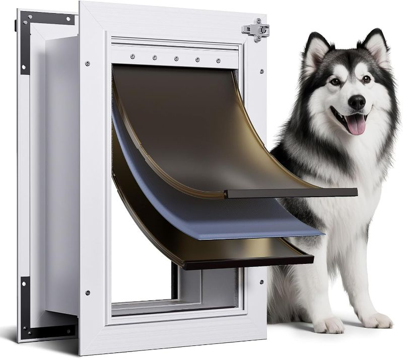 Photo 1 of 3-Flap Dog Door for Wall, Large All Aluminum Alloy Doggy Doggie Door, Wall Mount Pet Door for Dogs with 2 Locks, Insulation Layer, 2 Magnetic Flaps, Closing Panel, Pets Up to 110 LB