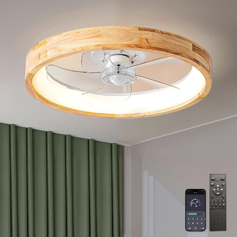 Photo 1 of Ceiling Fans with Lights and Remote 20 Inches Low Profile Flush Mount Ceiling Fan with LED Light 6500K Dimmable Quiet Timer 3 Colors 6 Speeds Reversible Modern Wooden Fans Light for Bedroom