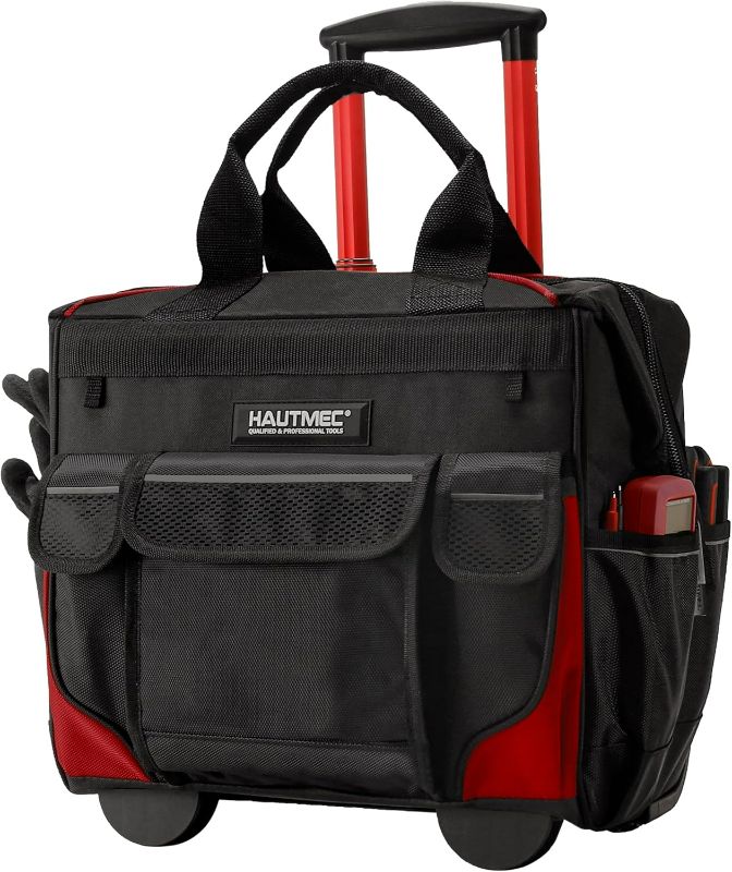 Photo 1 of HAUTMEC 14.5" Rolling Tool Bag with Wheels, 25-Pocket Portable Tool Box Organizer with Water-Resistant Oxford Fabric, Wide-Mouth Design, Oversized Wheels & Telescoping Handle - HTTBM25005