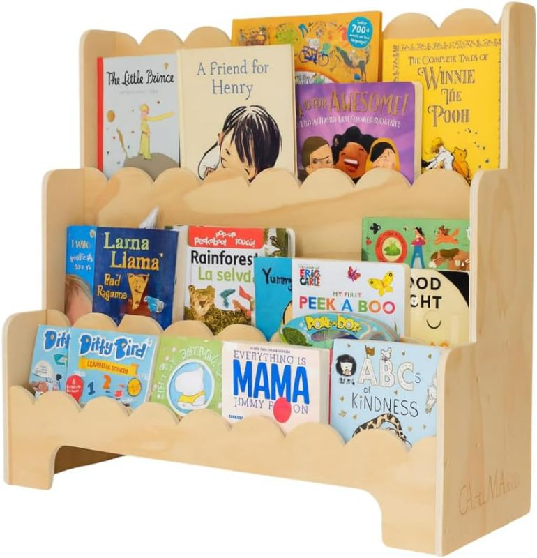 Photo 1 of CAALMA Premium Scalloped Bookshelf for Nursery & Kids Bedroom - 29.5x27.5 in - 3-Tier Wooden Montessori Bookshelf - Kids Bookcase for Nursery, Playroom or Classroom, Minimalist Toddler Book Shelf