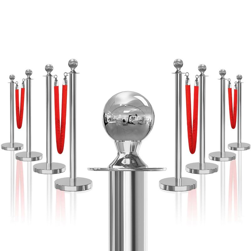 Photo 1 of 8PCS Silver Stanchions Posts with 4PCS 5 ft Red Velvet Rope, Crowd Control Barriers, Stanchions and Velvet Ropes Red Carpet Poles for Party Supplies