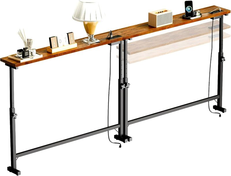 Photo 1 of 2 Pack 79" Narrow Console Table with Adjustable Height(23"-31") Behind Couch Sofa Table with 2 Power Outlets 79"*5.9" Long Entryway Table for Hallway Bedroom Living Room Foyer Rustic Brown