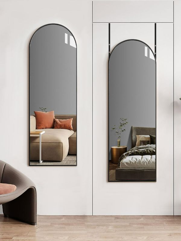Photo 1 of Full Length Mirror 48x14 Inches - Over The Door Hanging Mirror for Bedroom, Living Room, Closet - Arch Floor Mirror, Door Mirror with Black Frame - No Drill Easy Install Black