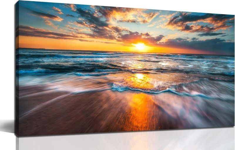 Photo 1 of GUGIKA Sun Wall Art for Living Room, Blue Wave and Large Coastal Beach Wall-Decor for Bedroom, Gold Sun Scenery Poster Canvas Print, Size 60 x 30 Inches