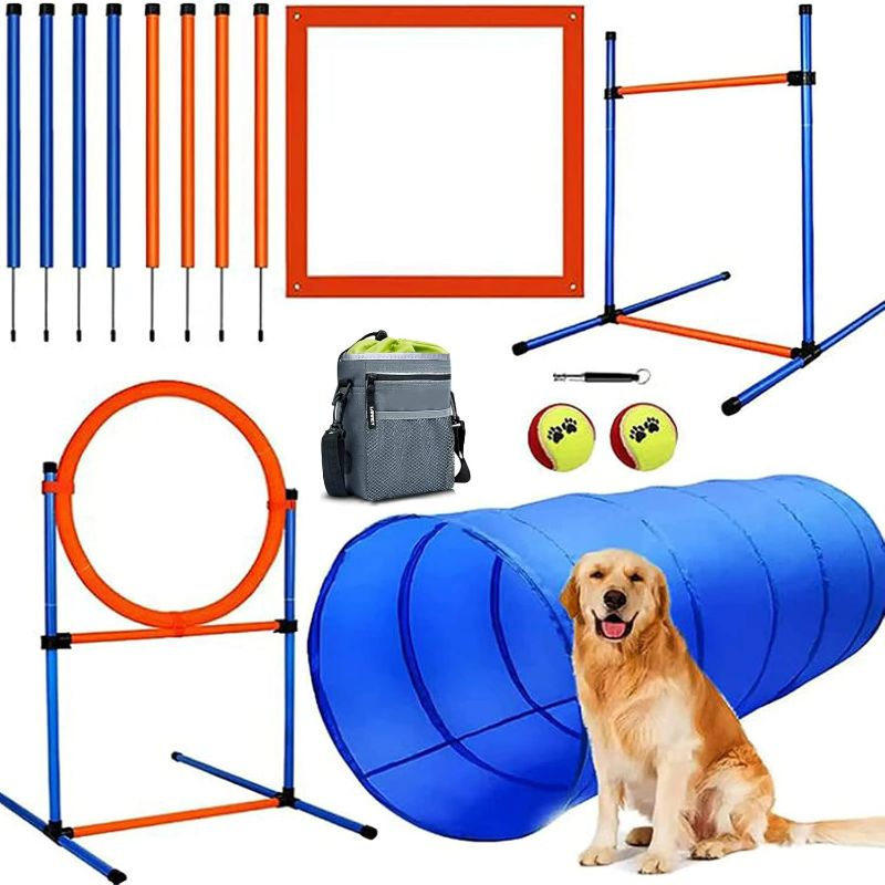 Photo 1 of Dog Agility Training Equipment, 60-Piece Dog Obstacle Course Training Starter Kit Pet Outdoor Game with Tunnel, Agility Hurdle, Weave Poles, Jump Ring, Pause Box, Toy Balls and Storage Bag