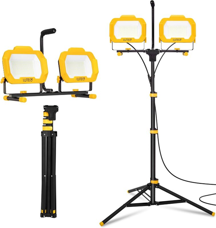 Photo 1 of LUTEC 25000 Lumen LED Work Lights with Stand, Dual Head Dimmable Work Light with 6 Brightness Levels, IP65 Waterproof Rotating WorkLights with Telescoping Tripod and 8.2 Ft 3-Prong Power Cord