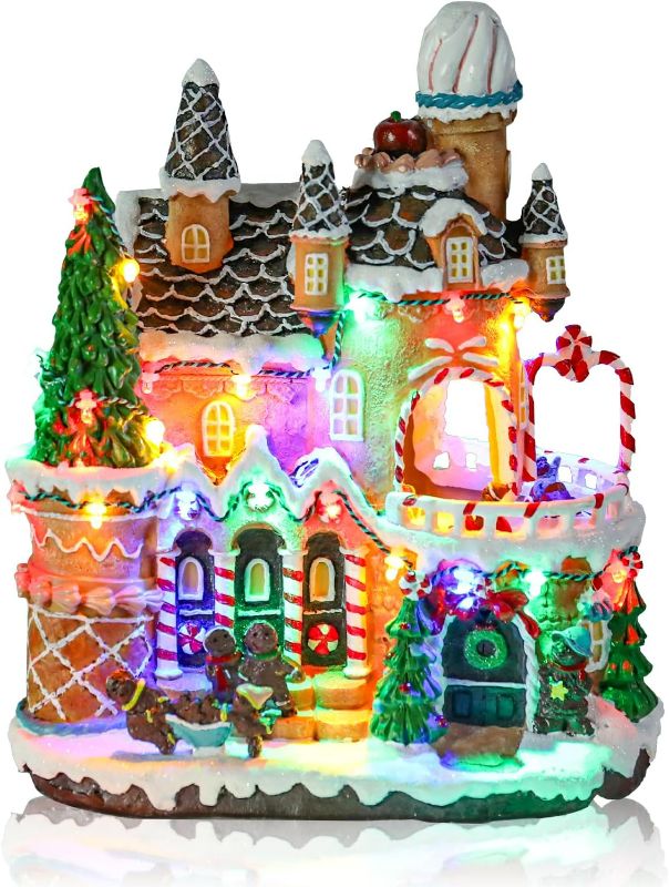 Photo 1 of MUMTOP Christmas Village Gingerbread House with Rotating Car, LED Colorful Lights Animated Candy House Figurine with Music for Indoor Holiday Christian Tabletop Decor