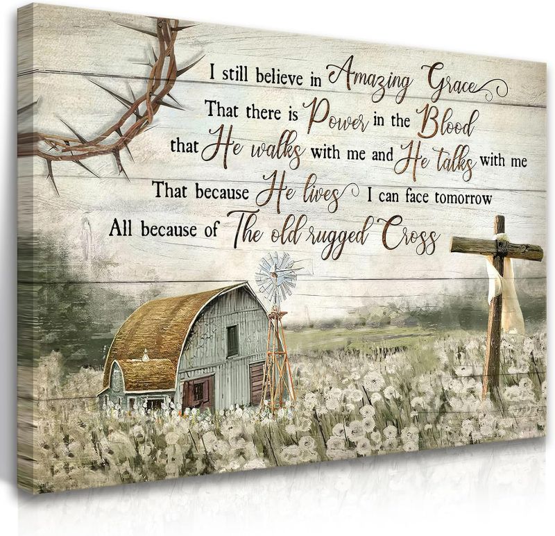 Photo 1 of HDXUFJQ Christian Wall Art Barn Windmill Canvas Wall Decor Religious Cross Wall Art I Still Believe In Amazing Grace Picture Print Christian Prayer Decor Paintings Ready To Hang(16"x24")