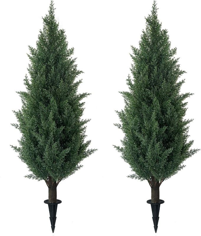 Photo 1 of 3FT Artificial Cedar Topiary Trees with Ground Spike, UV Resistant Artificial Bushes, Set of 2 Faux Cypress Plants Faux Shrubs for Outdoor Indoor Front Porch Garden
