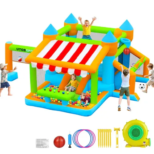Photo 1 of Inflatable Bounce House 176x136x80 inch Large Bounce Castle, with Blower, Ball Pit, Ball net, Ball Goal, for Indoor Outdoor Kid Sports/Playtime/Backyard Playground/Birthday Party