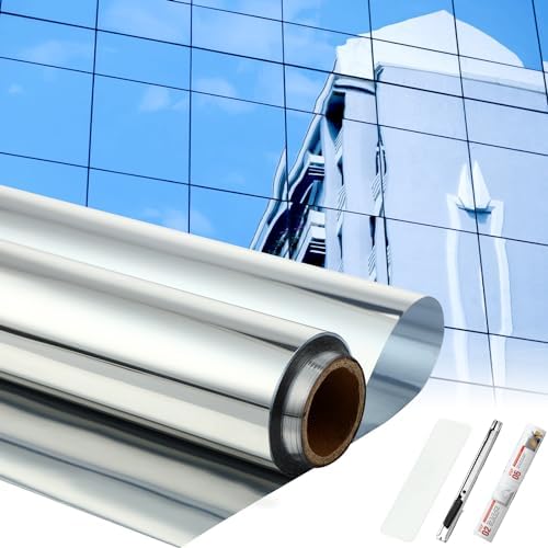 Photo 1 of 30 Inch x 26 ft One Way Window Film Privacy Daytime Reflective Mirror Window Tint Sun Blocking Thermal Insulated Film Static Cling Heat Control Tint Anti UV Home Office (Silver)