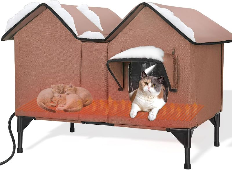 Photo 1 of Heated Cat House, Extra Large Heated Outdoor Cat House Weatherproof with Heating Pad for Winter, Elevated Waterproof Insulated Cat Houses for Outdoor Cats, Warm Feral Cat Shelter (Brown)