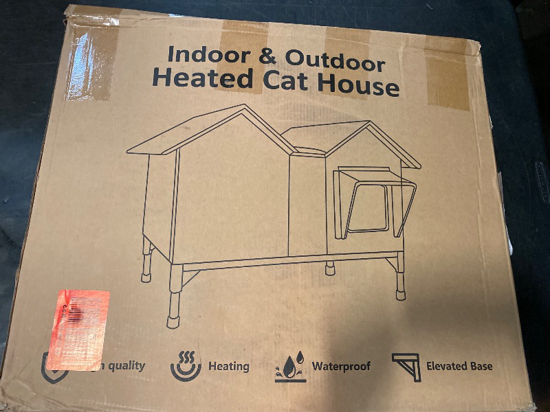 Photo 1 of Heated Cat House, Extra Large Heated Outdoor Cat House Weatherproof with Heating Pad for Winter, Elevated Waterproof Insulated Cat Houses for Outdoor Cats, Warm Feral Cat Shelter (Brown)