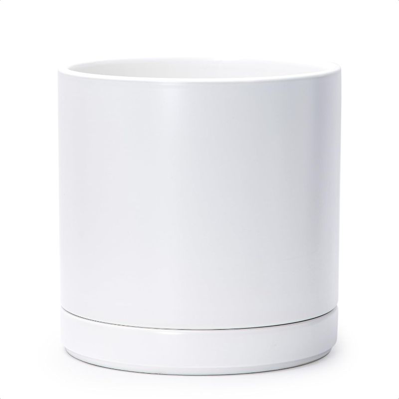 Photo 1 of D'vine Dev 10 Inch Ceramic Planter Pot with Drainage Hole and Saucer, Indoor Cylinder Round Planter Pot, White, 94-O-E-1