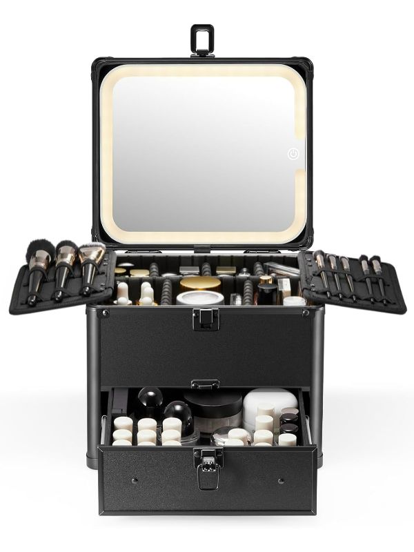 Photo 1 of Qislee Makeup Box with Drawer and A Detachable Lighted Mirror, Waterproof Travel Train Case, Cosmetic Organizer and Makeup Suitcase with Adjustable Dividers, Magnetic LED Mirror (Black)