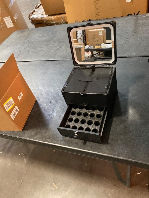 Photo 1 of Qislee Makeup Box with Drawer and A Detachable Lighted Mirror, Waterproof Travel Train Case, Cosmetic Organizer and Makeup Suitcase with Adjustable Dividers, Magnetic LED Mirror (Black)