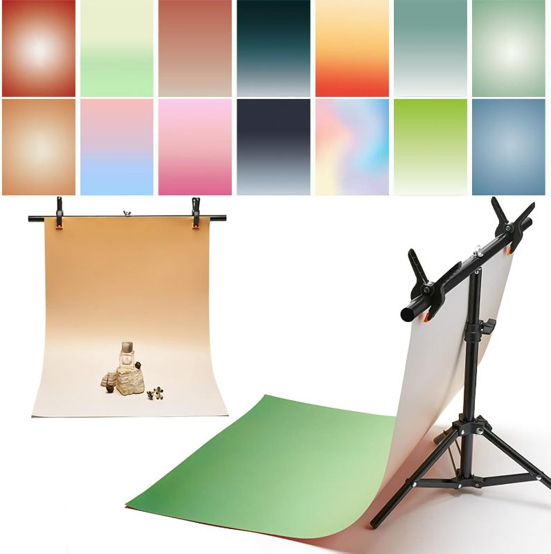 Photo 1 of 7PCS 14Patterns Gradient Photography Background Paper with Stand, 34x23in Double-Sided Photo Tabletop Backdrops Props for Food Jewelry Cosmetics Makeup
