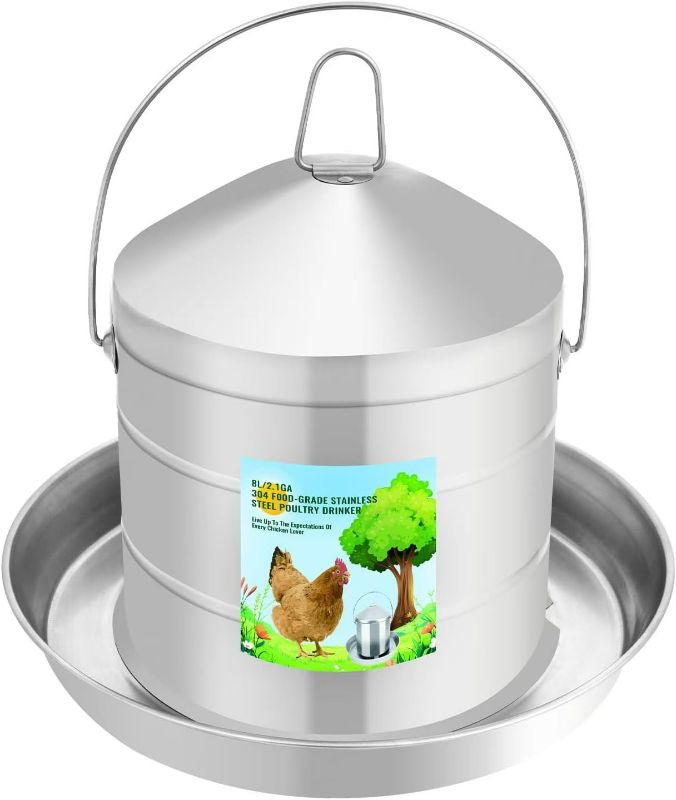 Photo 1 of Automatic Chicken Waterer 8L/2.1Gal, 304 Food Grade Stainless Steel Heavy Duty Reliable Long-Lasting Poultry Waterer with Handle, High Strength Structure 0.035 Inch Metal Thickness, No Assemble