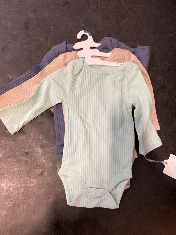 Photo 1 of Size 0-3M Baby 3pk Solid Long Sleeve Wide Ribbed Bodysuit - Cloud Island™ Blue 0-3M: Cotton, Midweight, Crotch Snap