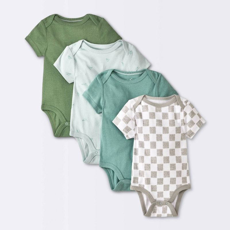 Photo 1 of 6-9M - Baby 4pk Airplanes Short Sleeve Cotton Bodysuit - Cloud Island™ Blue 6-9M: Lap Shoulder, Crotch Snap, Check Pattern