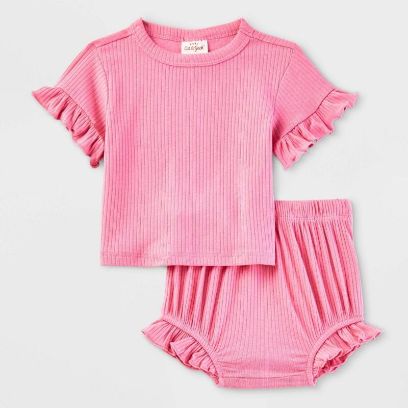 Photo 1 of Size 12M Baby Girls' Ribbed Top & Bottom Set - Cat & Jack™ Pink 12M: Lightweight Cotton Modal Blend, Elastic Waist, Machine Washable