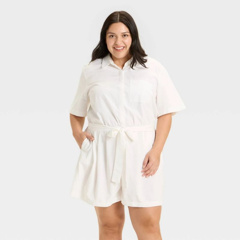 Photo 1 of Size 1X Women's Short Sleeve Belted Romper - Ava & Viv™ White 1X