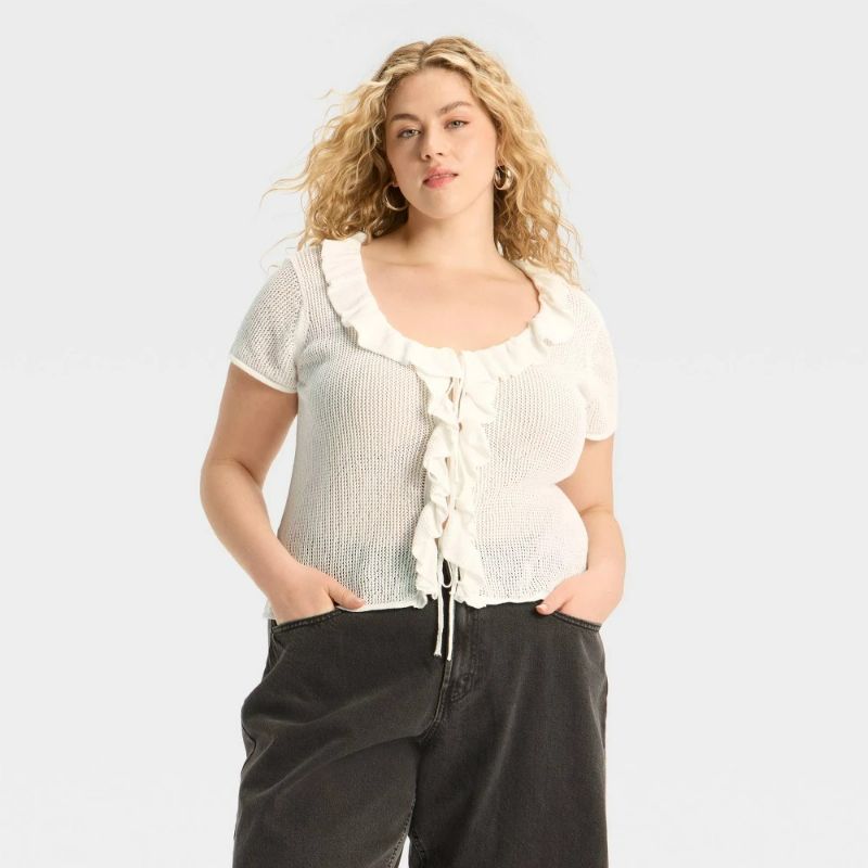 Photo 1 of 2X - Women's Ruffle Tie Cardigan - Wild Fable™ Off-White 2X